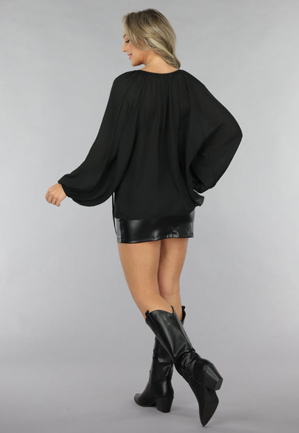 SALE30 Zwarte Chiffon Blouse met Pofmouwen
