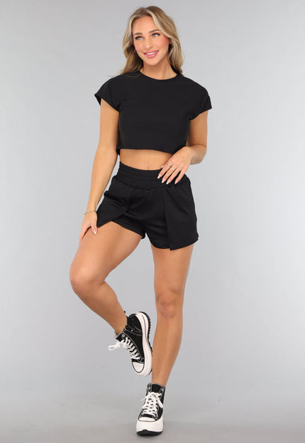 SALE30 Zwarte Cropped Korte Mouwen Sporttop