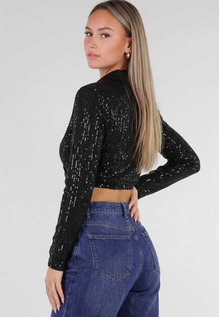 SALE30 Zwarte Cropped Overslag Blouse met Pailletten