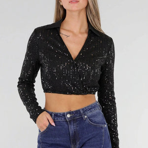 SALE30 Zwarte Cropped Overslag Blouse met Pailletten