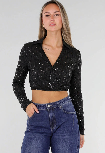 SALE30 Zwarte Cropped Overslag Blouse met Pailletten