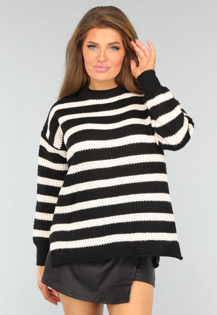 SALE30 Zwarte Gebreide Gestreepte Trui