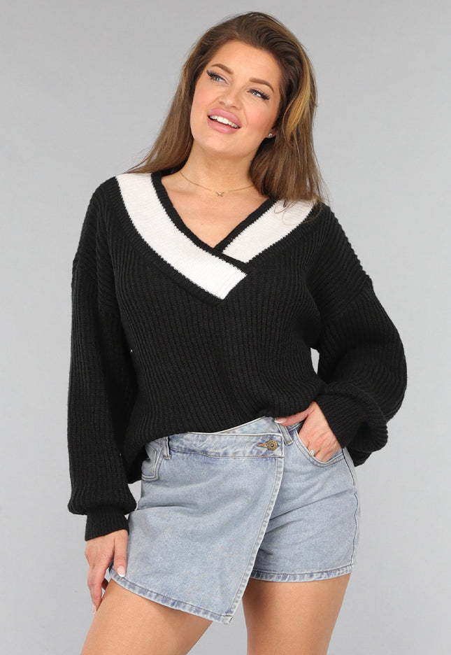 SALE30 Zwarte Gebreide Trui met Pofmouwen