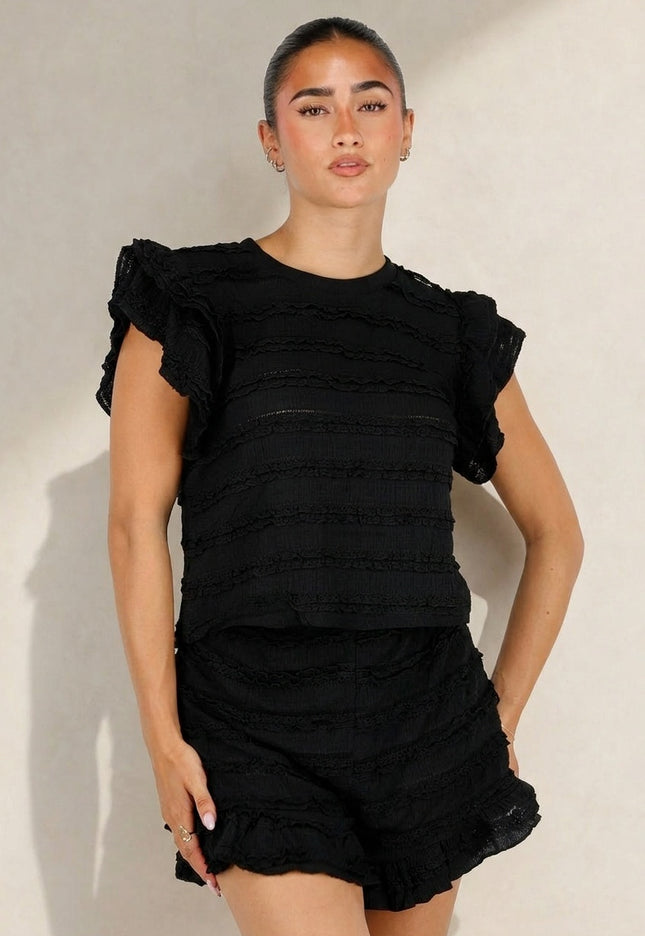 SALE30 Zwarte Gehaakte Ruffle Co-ord Set