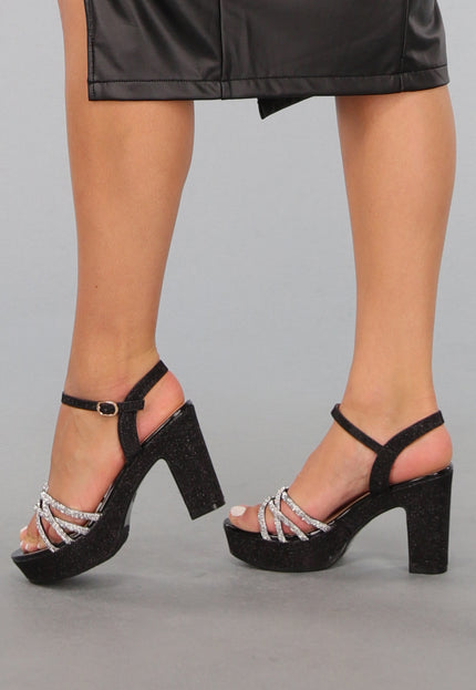 SALE30 Zwarte Glitter Peeptoe Strass Sandaletten