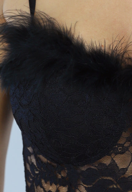 SALE30 Zwarte Kanten Bodysuit met Veren