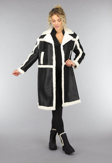 SALE30 Zwarte Lange Lederlook Teddy Mantel Jas
