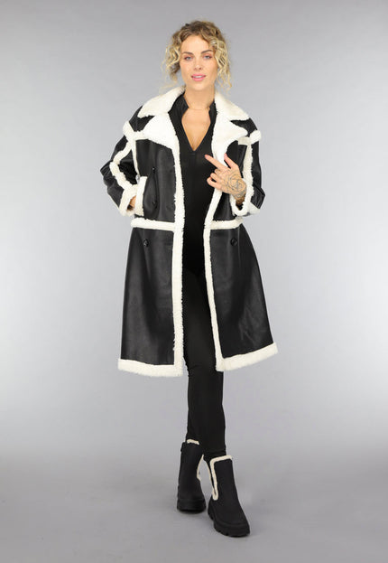 SALE30 Zwarte Lange Lederlook Teddy Mantel Jas