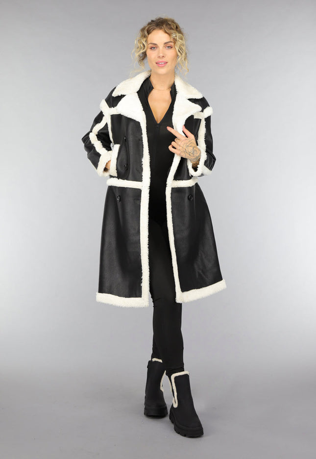 SALE30 Zwarte Lange Lederlook Teddy Mantel Jas