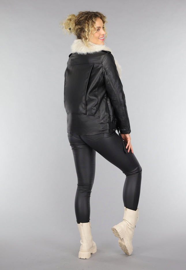 SALE30 Zwarte Lederlook Faux Fur Biker Jas