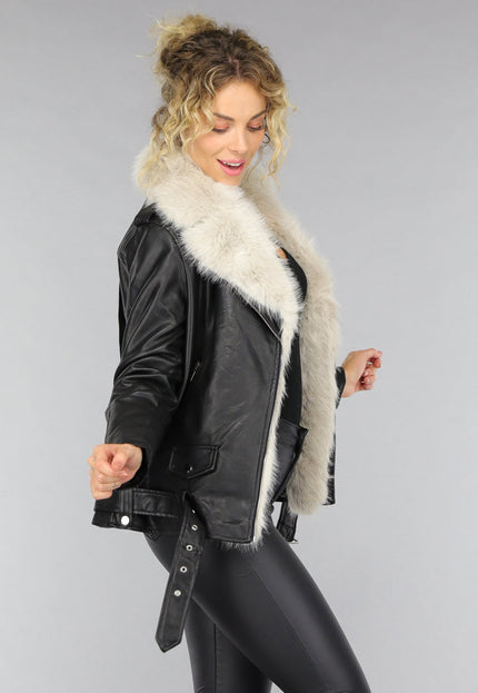 SALE30 Zwarte Lederlook Faux Fur Biker Jas