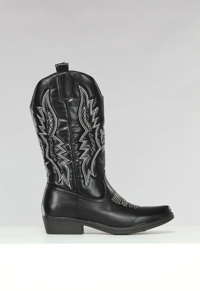 SALE30 Zwarte Lederlook Western Boots met Stiksels