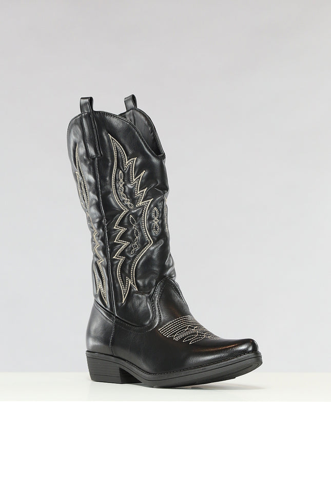 SALE30 Zwarte Lederlook Western Boots met Stiksels