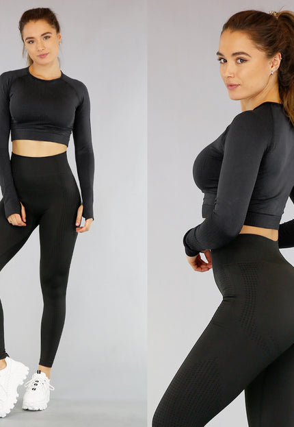 SALE30 Zwarte Longsleeve Sportset met Patronen