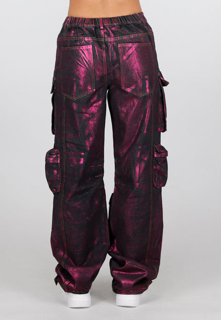 SALE30 Zwarte Mid Waist Tall Cargo Jeans met Roze Metallic coating