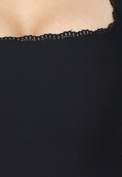 SALE30 Zwarte Rib Bodysuit met Korte Mouwen
