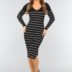 SALE30 Zwarte Rib Midi Jurk met Streep Patroon