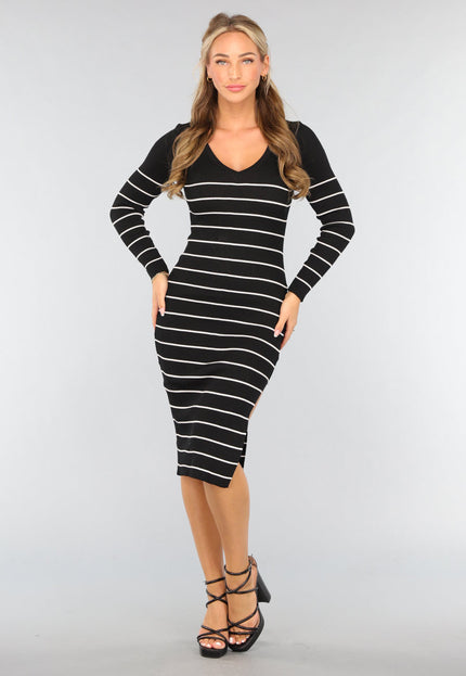 SALE30 Zwarte Rib Midi Jurk met Streep Patroon