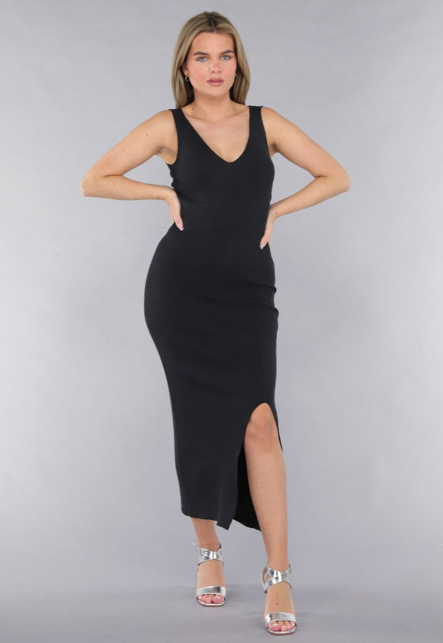 SALE30 Zwarte Ribstof Stretch V Hals Midi Jurk