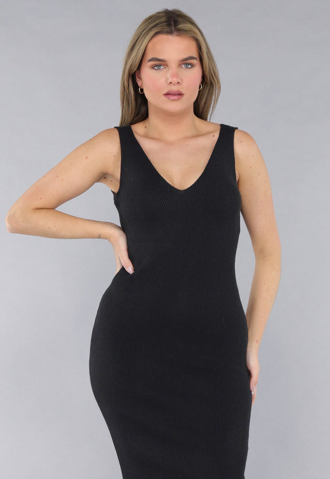 SALE30 Zwarte Ribstof Stretch V Hals Midi Jurk