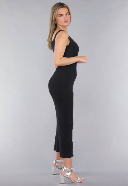 SALE30 Zwarte Ribstof Stretch V Hals Midi Jurk