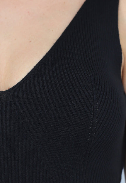 SALE30 Zwarte Ribstof Stretch V Hals Midi Jurk