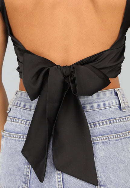 SALE30 Zwarte Satin Top met Strikdetail