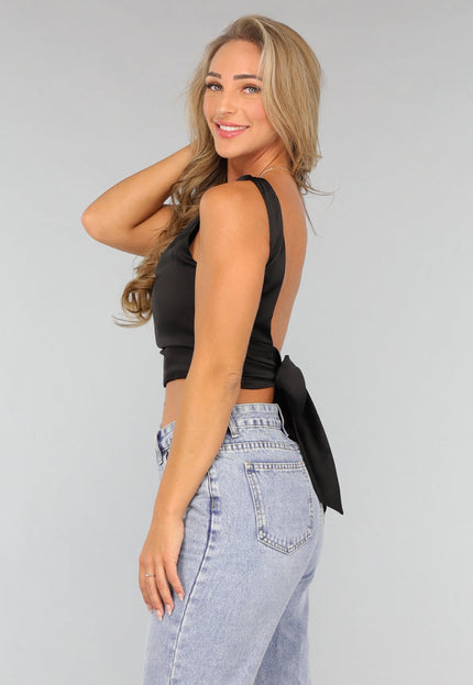 SALE30 Zwarte Satin Top met Strikdetail