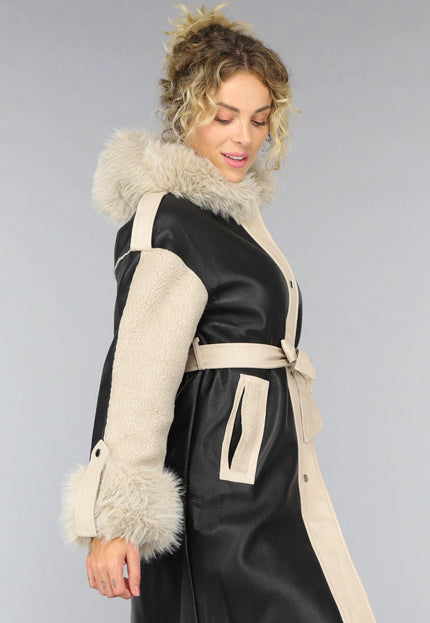 SALE30 Zwarte Teddy Trenchcoat met Bontkraag