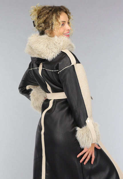 SALE30 Zwarte Teddy Trenchcoat met Bontkraag