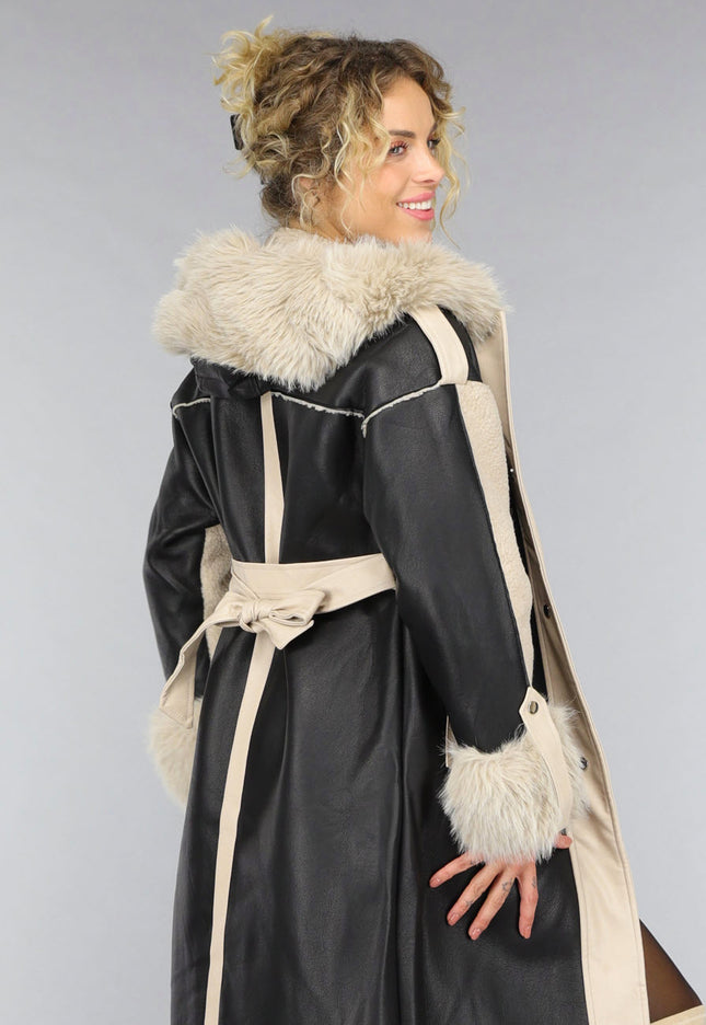SALE30 Zwarte Teddy Trenchcoat met Bontkraag