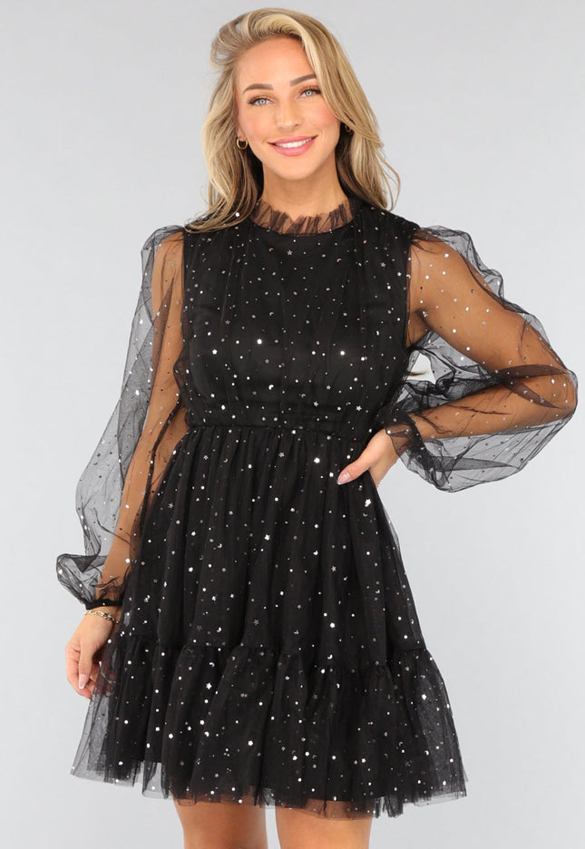 SALE30 Zwarte Tule Skater Jurk met Sterretjes