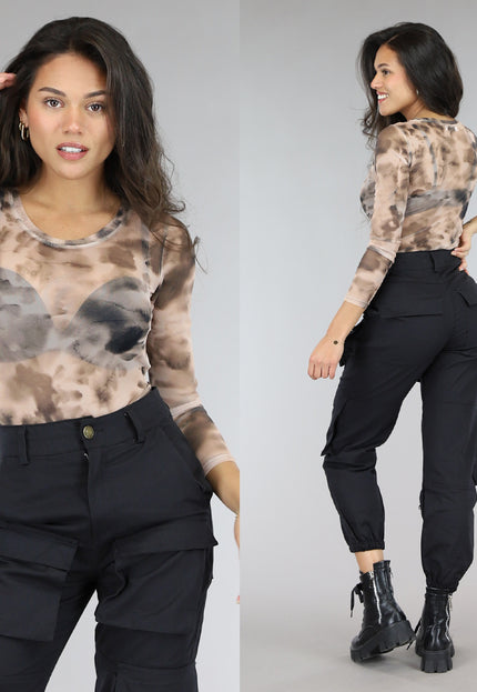 SALE50 Beige Mesh Bodysuit met Print