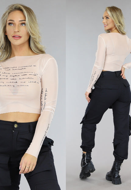 SALE50 Beige Mesh Letter Top