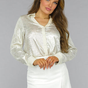 SALE50 Beige Metallic Blouse met Parel Knopen