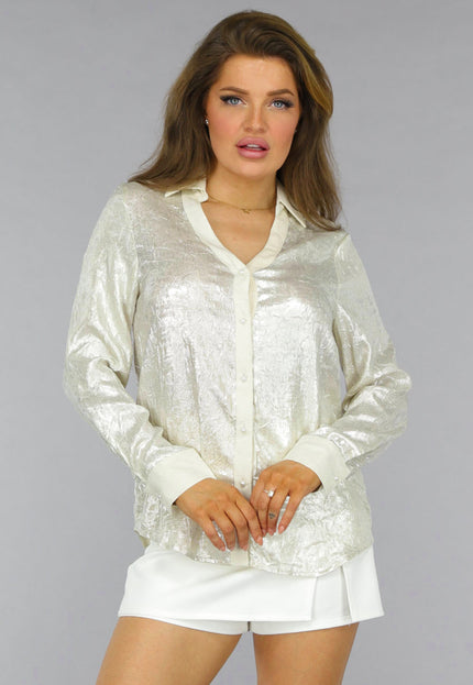 SALE50 Beige Metallic Blouse met Parel Knopen