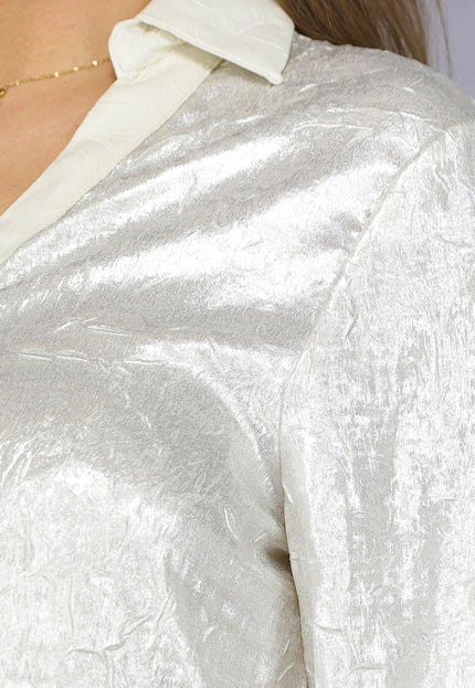 SALE50 Beige Metallic Blouse met Parel Knopen