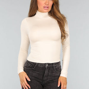 SALE50 Beige Zachte Turtleneck Top met Lange Mouwen