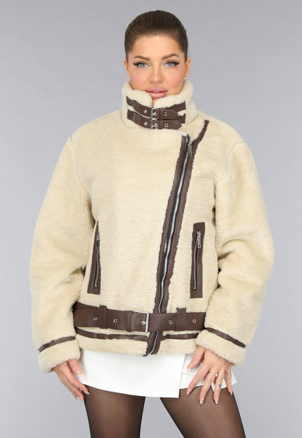 SALE50 Beige Zachte Tussenjas met Bruine Details