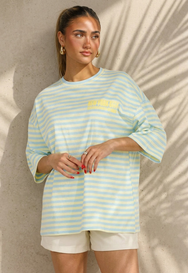 SALE50 Blauw Geel Gestreepte Oversized T-shirt