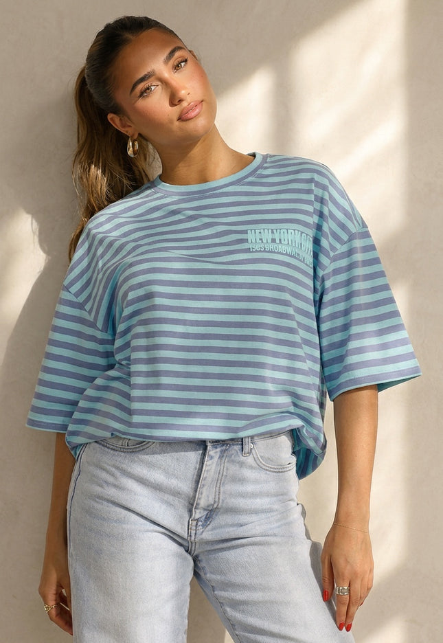 SALE50 Blauw Gestreept Oversized T-Shirt