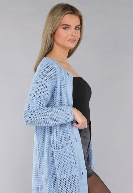 SALE50 Blauw Oversized Gebreid Vest met Gouden Knopen