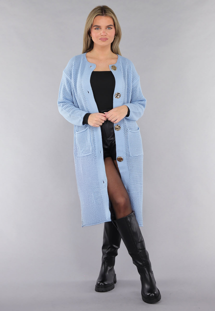 SALE50 Blauw Oversized Gebreid Vest met Gouden Knopen