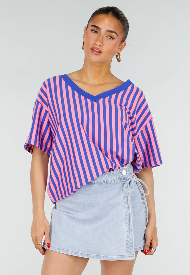 SALE50 Blauw Roze Gestreepte Oversized T-shirt