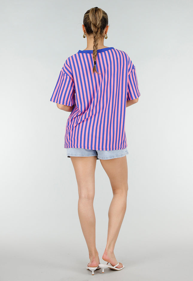 SALE50 Blauw Roze Gestreepte Oversized T-shirt