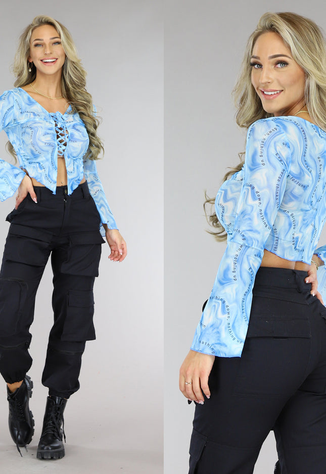 SALE50 Blauwe Flair Top met Marble Print