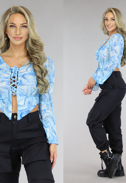 SALE50 Blauwe Flair Top met Marble Print