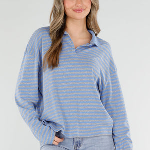 SALE50 Blauwe Gestreepte Polo Top