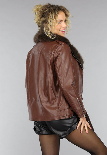 SALE50 Bruine Lederlook Jas met Faux Fur Kraag