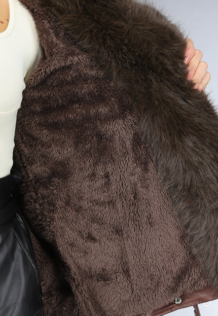 SALE50 Bruine Lederlook Jas met Faux Fur Kraag
